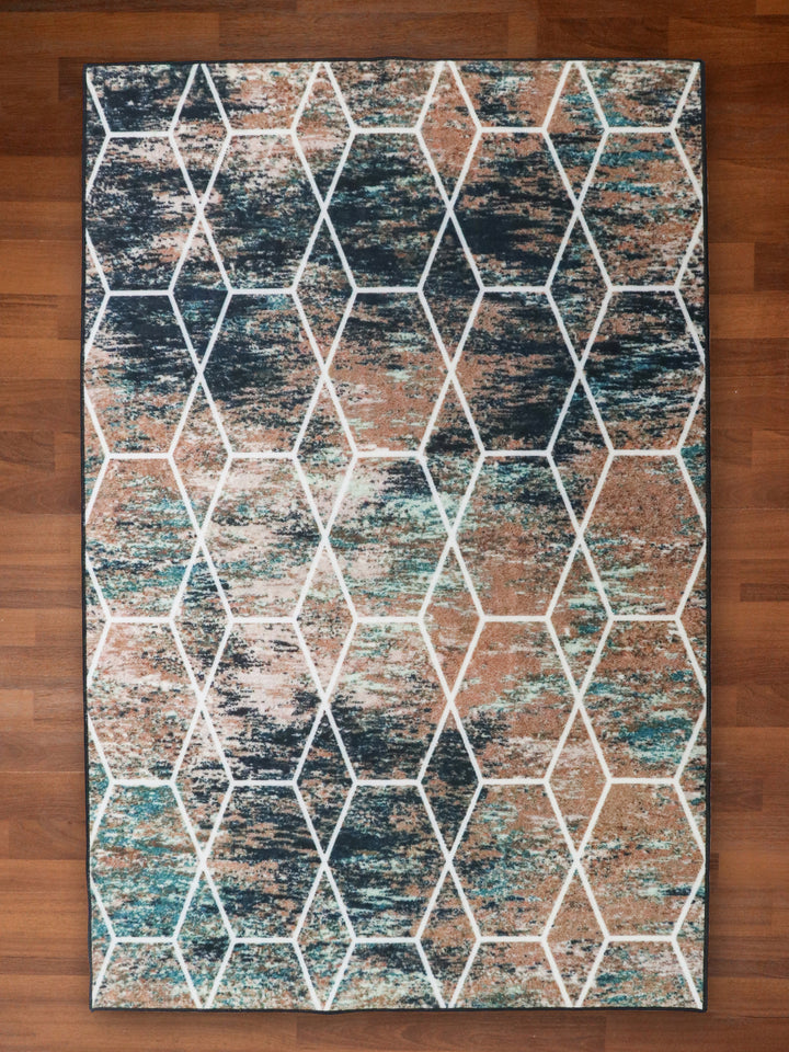 Multi Color Geometrical Print Rectangle Non Woven Rug with Non Slip TPR Backing For Everyday Use