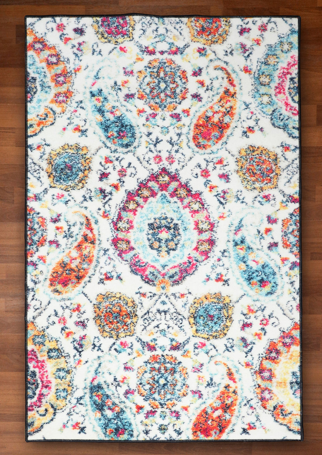 Multi Color Medallion Print Rectangle Non Woven Rug with Non Slip TPR  Backing For Everyday Use