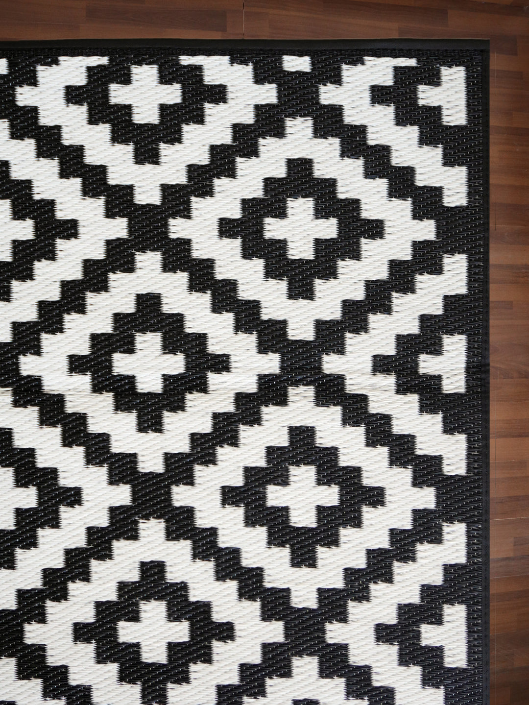 White With Black Geometric Pattern Outdoor Rug