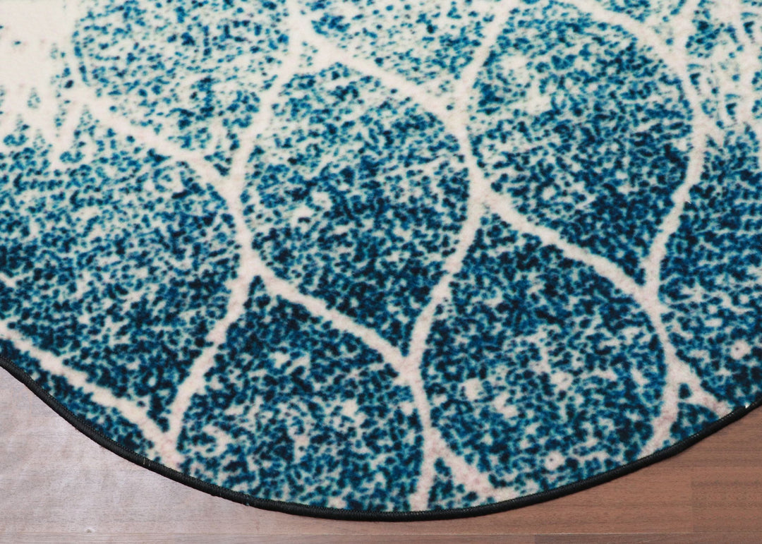 Beige and Blue Geometric Print Round Non Woven Rug with Non Slip TPR Backing For Everyday Use