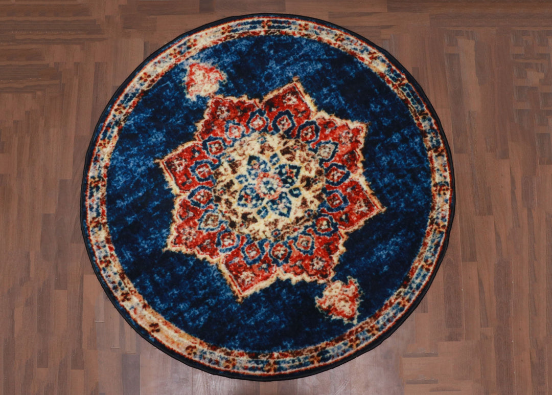 Blue with Multi Color Traditional Print Round Non Woven Rug with Non Slip TPR Backing For Everyday Use