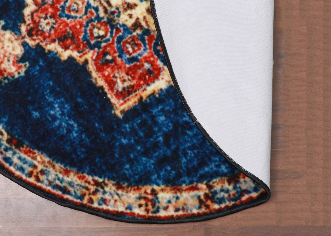 Blue with Multi Color Traditional Print Round Non Woven Rug with Non Slip TPR Backing For Everyday Use