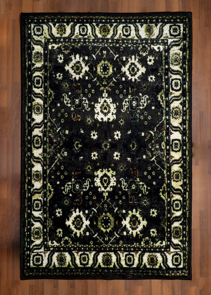 Classic Black Floral Rug with Intricate Border