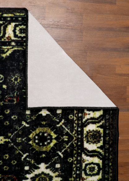 Classic Black Floral Rug with Intricate Border