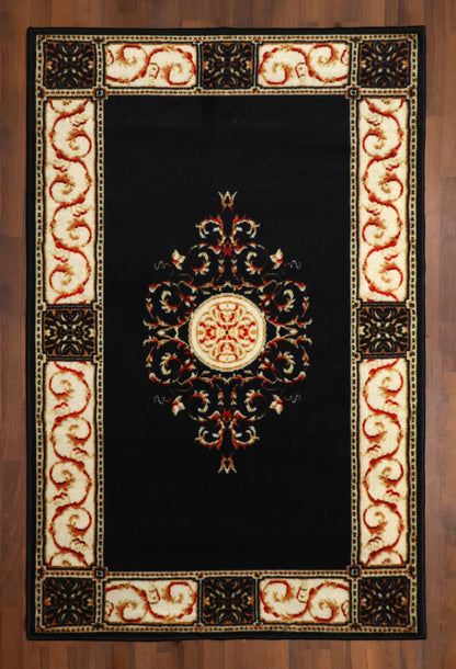 Majestic Black Area Rug with Antique Pattern and Cream Border Detailing