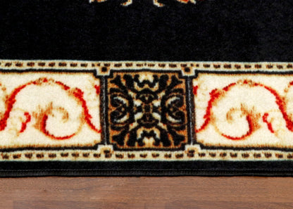 Majestic Black Area Rug with Antique Pattern and Cream Border Detailing
