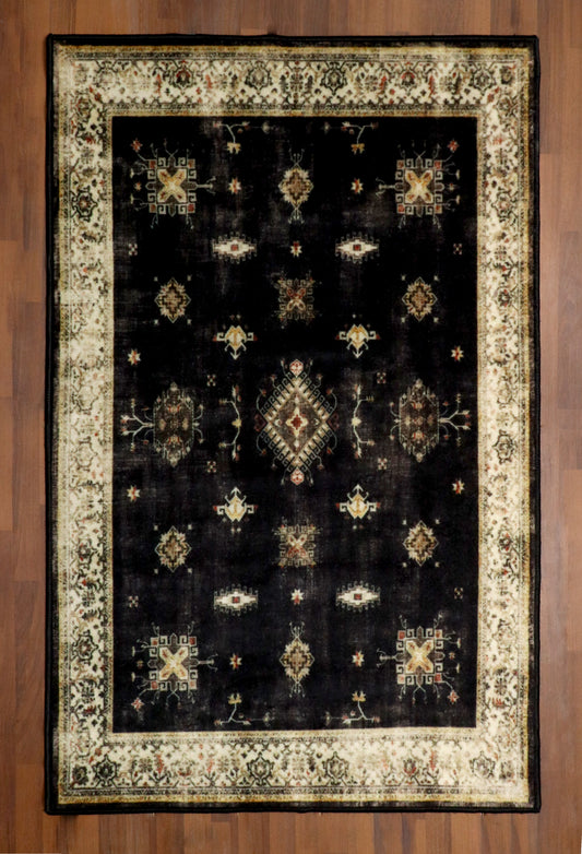 Vintage Black Rug with Cream Border & Intricate Pattern