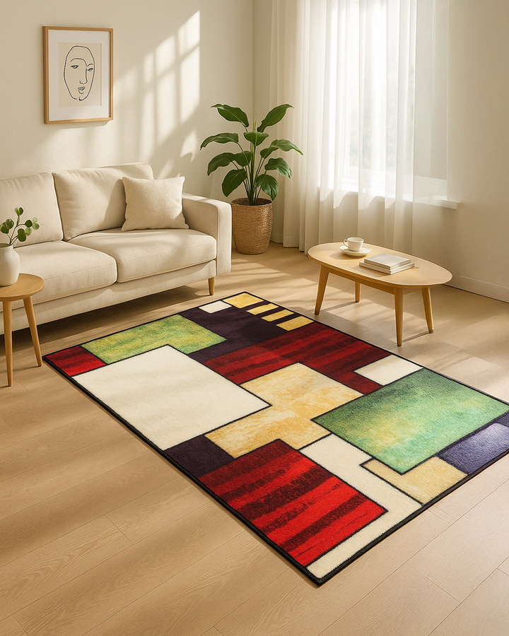 Multicolor Non-Woven Geometric Pattern Rug with Felt Backing.