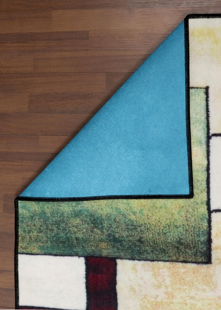 Multicolor Non-Woven Geometric Pattern Rug with Felt Backing.