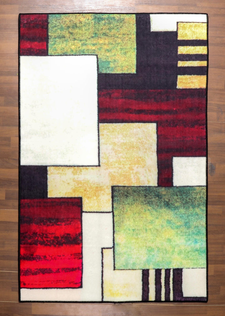 Multicolor Non-Woven Geometric Pattern Rug with Felt Backing.