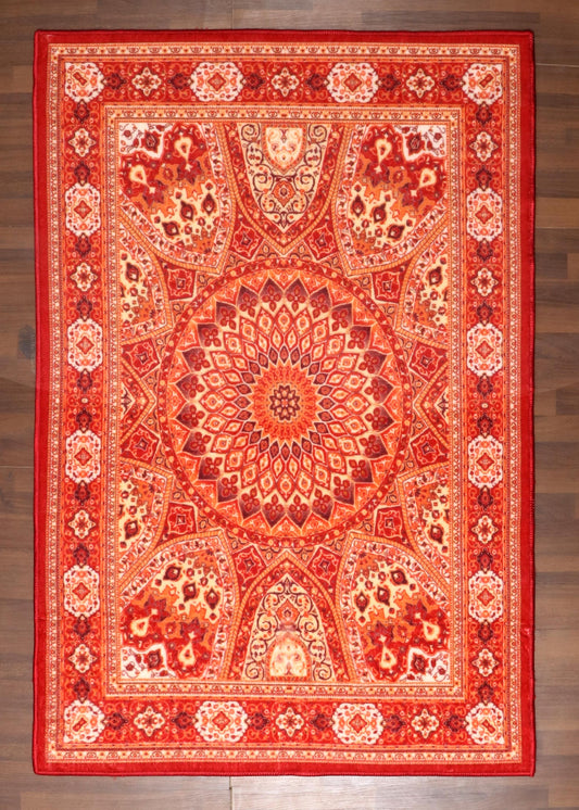 Modern Medallion Red Floral Rug - Non-Woven with Felt Backing