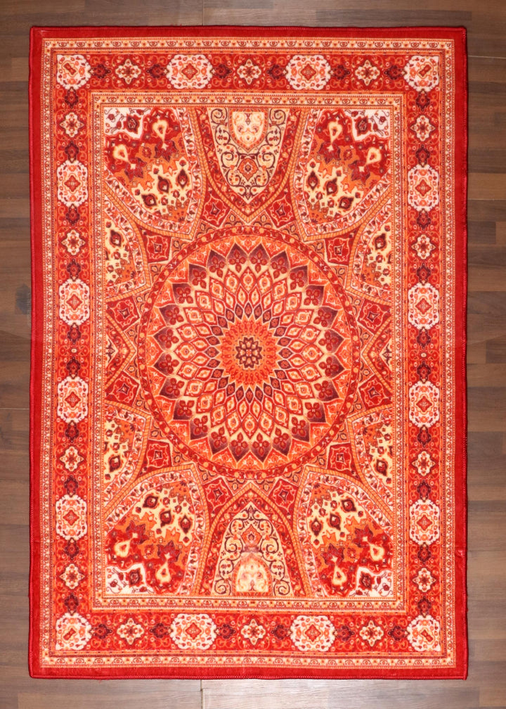 Modern Medallion Red Floral Rug - Non-Woven with Felt Backing