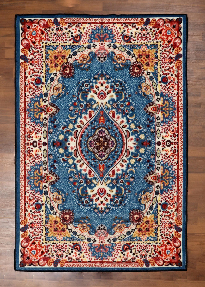 Multicolor Central Medallion Jelly Bean Blue Rug - Felt Backing