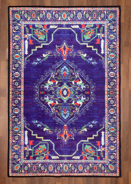 Royal Medallion Navy Blue Floral Non-Woven Rug with Felt Back