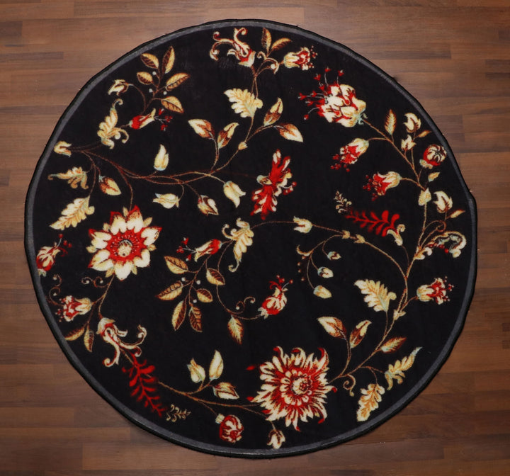 Traditional Floral Black Round Rug
