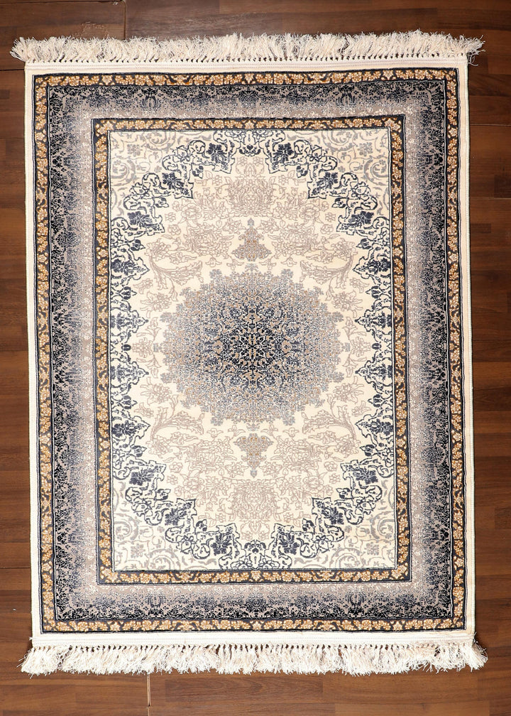 Premium Persian Rug with Black & Beige Medallion – Intricate Floral Design