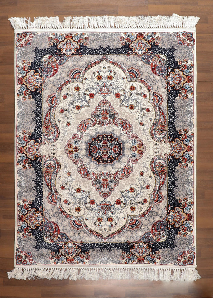 Premium Persian Area Rug with Cream and Gray Floral Medallion Design