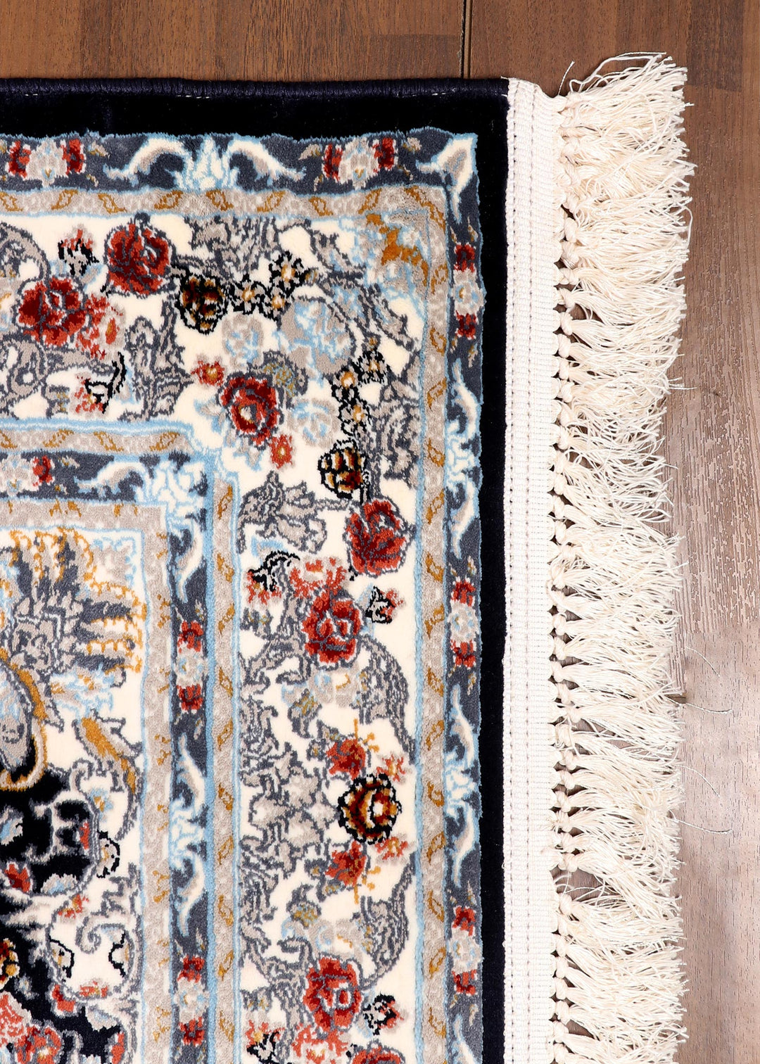 Premium Persian Rug with Black and Cream Floral Medallion Design