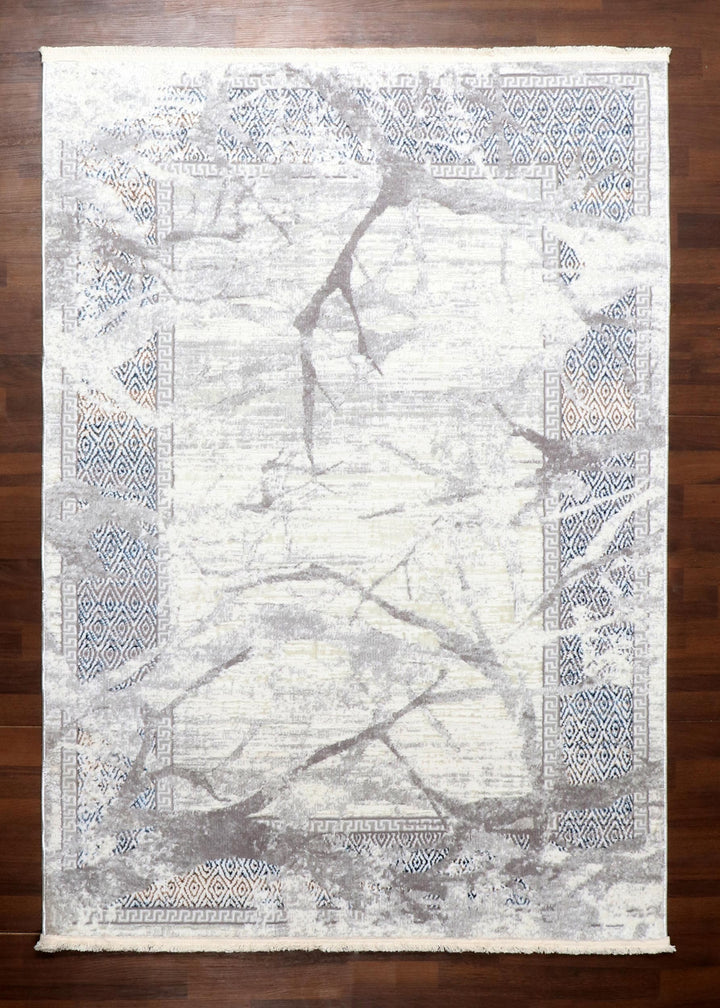 Turkish Elegant Abstract Area Rug with Jute Backing - Ivory & Blue