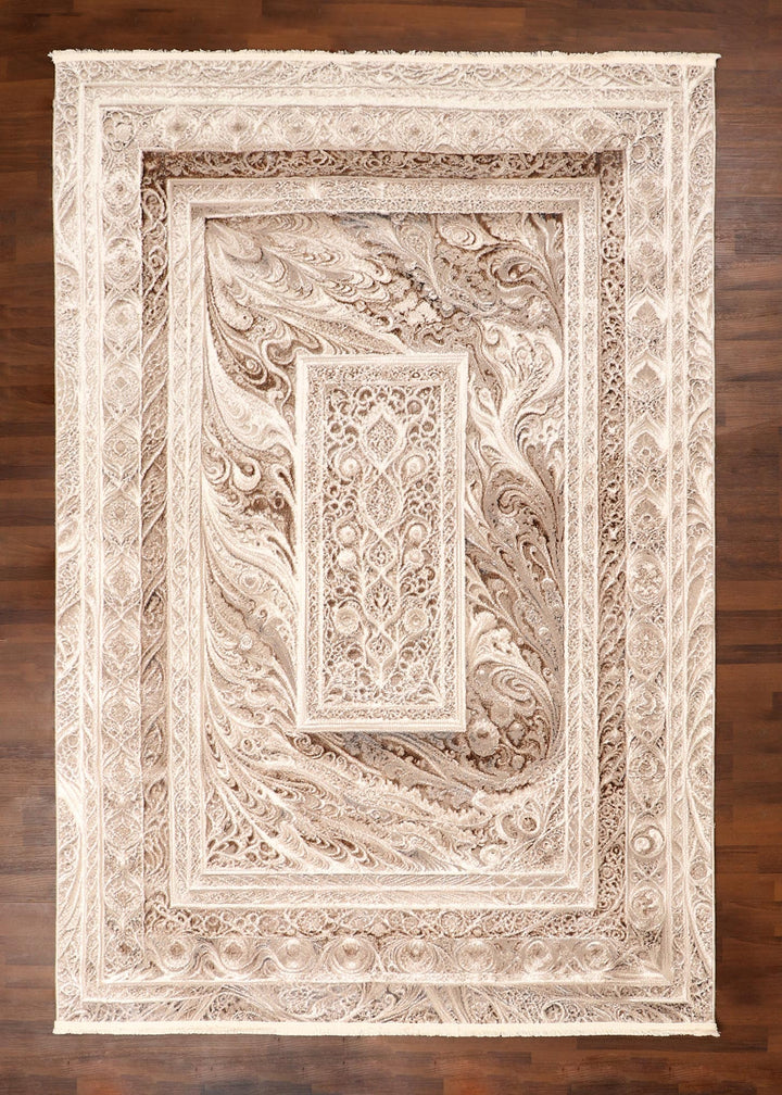 Turkish Beige Ornamental Medallion Swirl Rug with Jute Backing