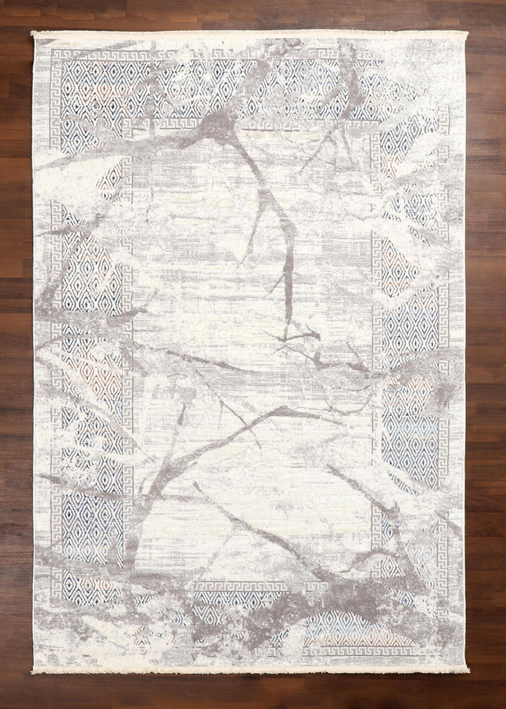 Turkish Elegant Abstract Area Rug with Jute Backing - Ivory & Blue