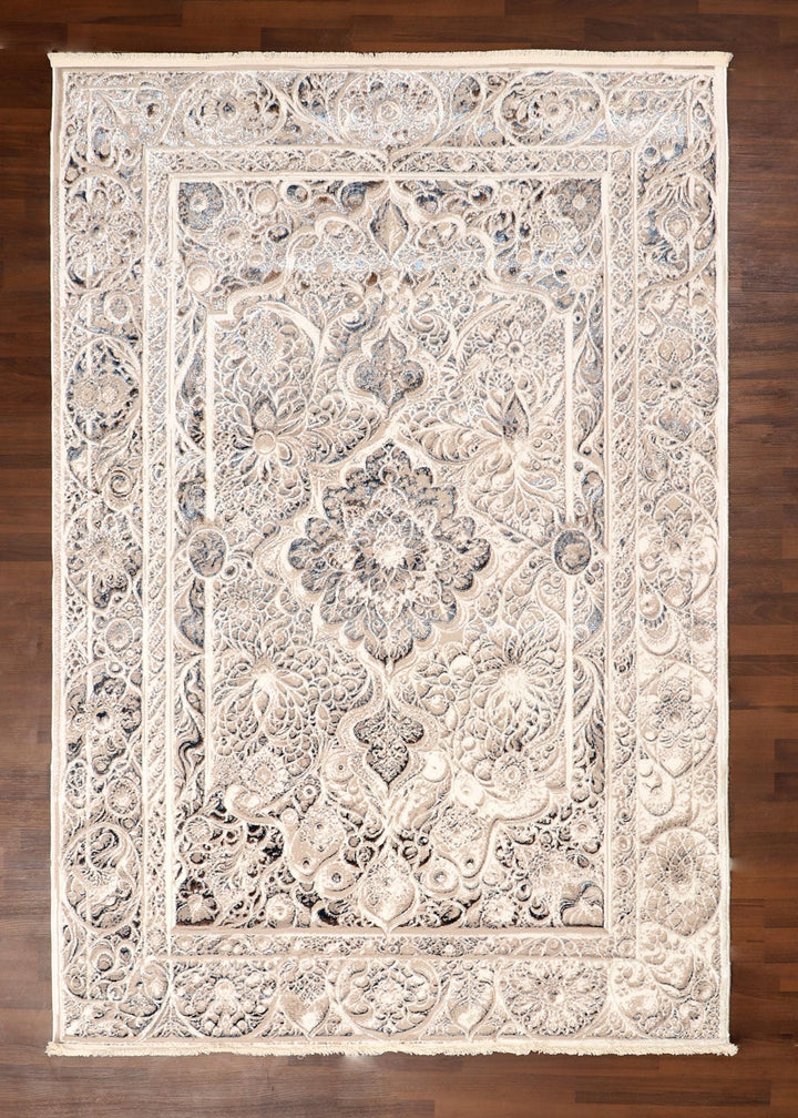 Turkish Beige Medallion Floral Border Rug with Jute Backing