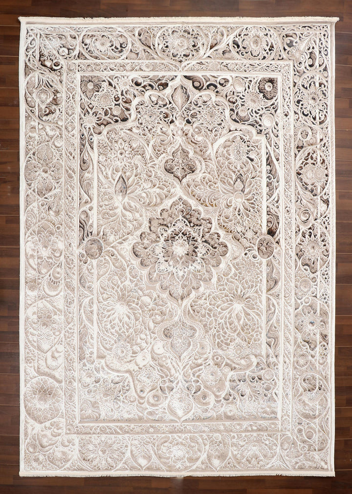 Turkish Beige and Brown Floral Mandala Lacework Rug with Jute Backing