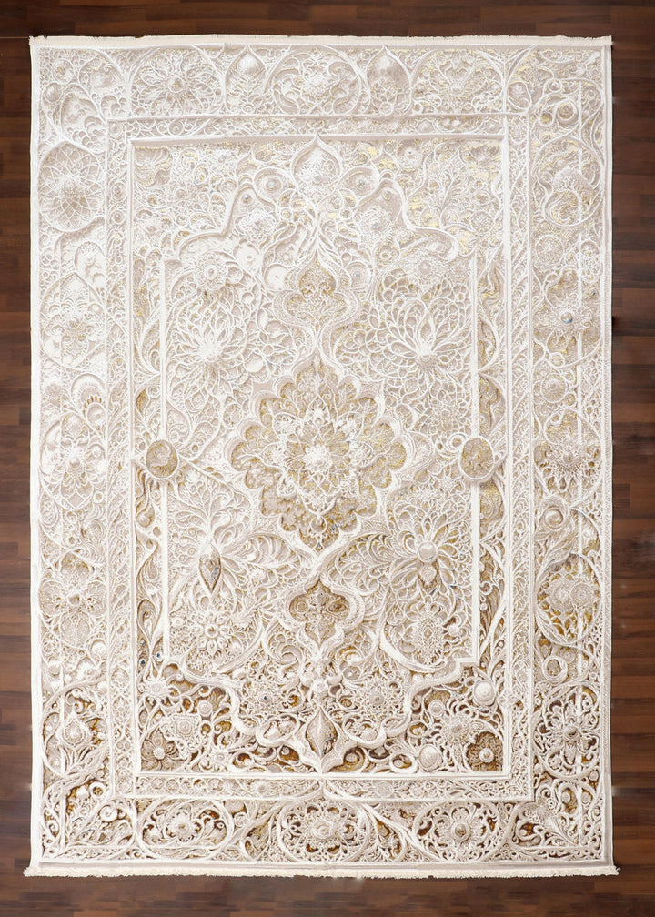 Turkish Ivory Floral Mandala Lacework Rug with Jute Backing