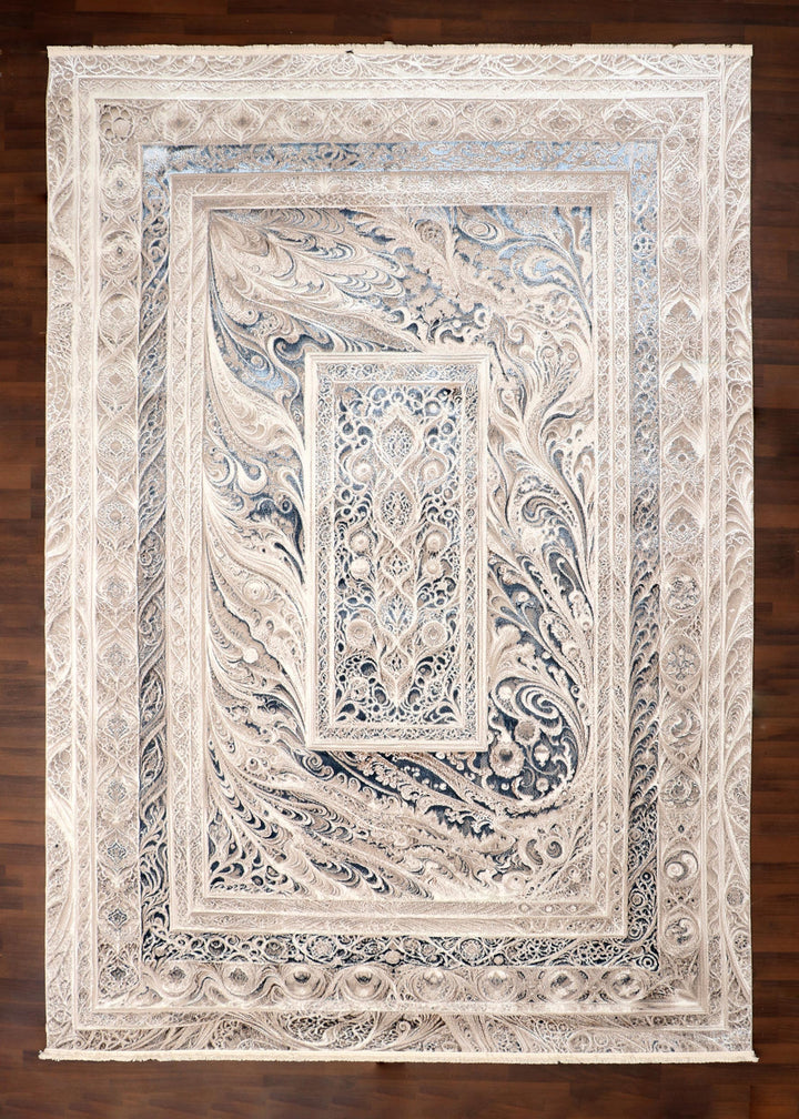 Turkish Ivory and Slate Ornate Floral Swirl Rug with Jute Backing