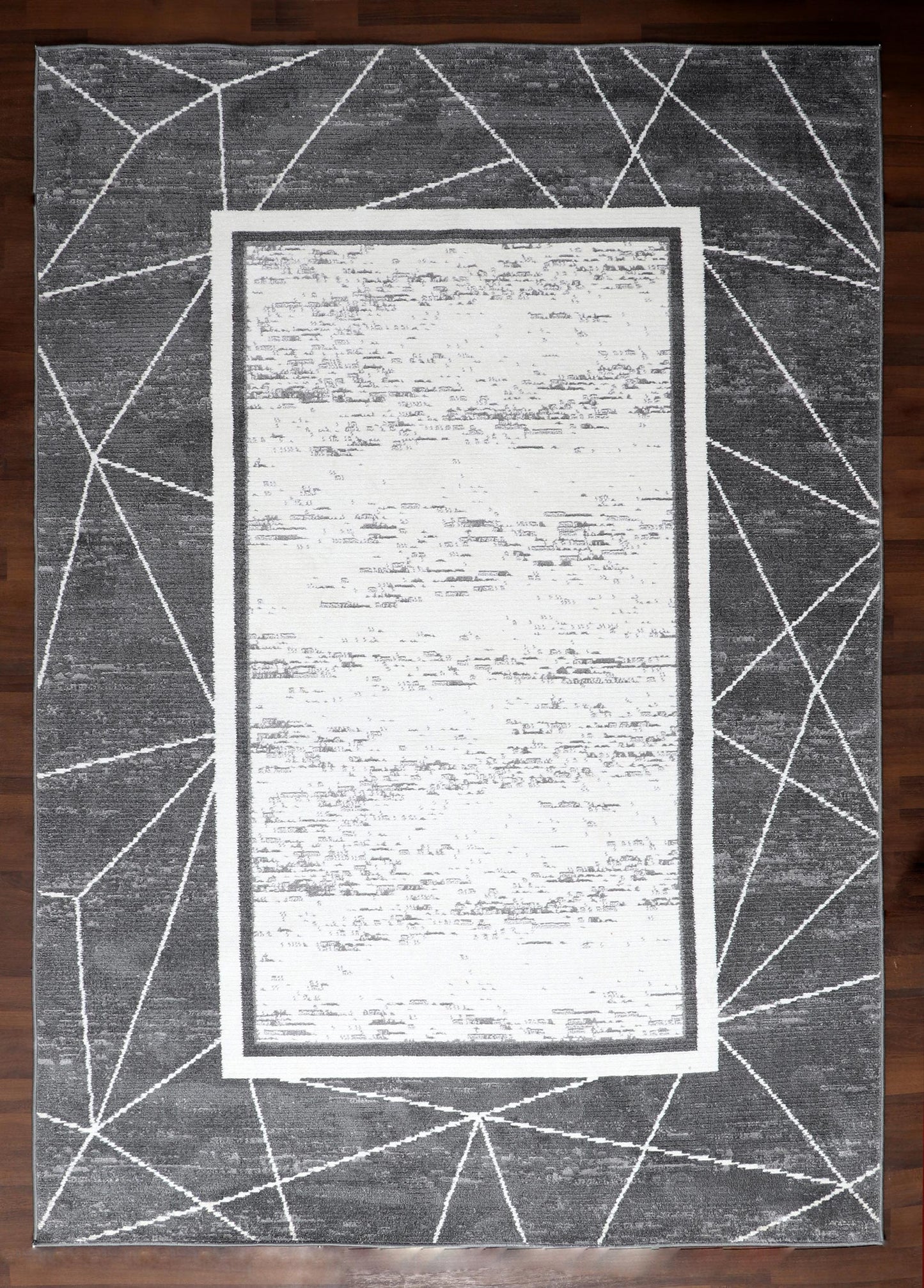 Turkish Geometric Elegance Machine-Made Rug in Gray and White