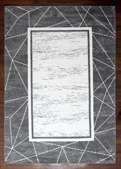 Turkish Geometric Elegance Machine-Made Rug in Gray and White