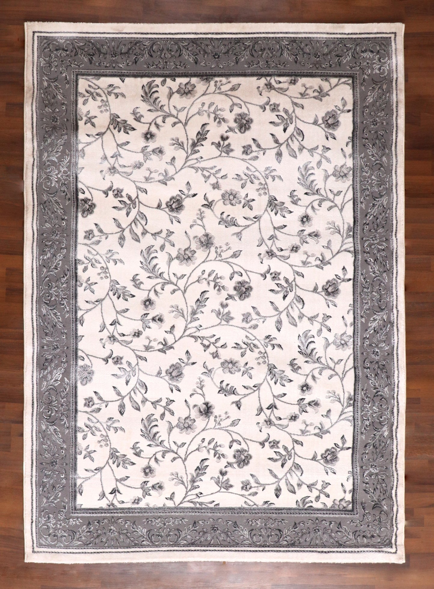 Elegant Turkish Floral Vine Rug – Ivory Base with Silver Grey Border