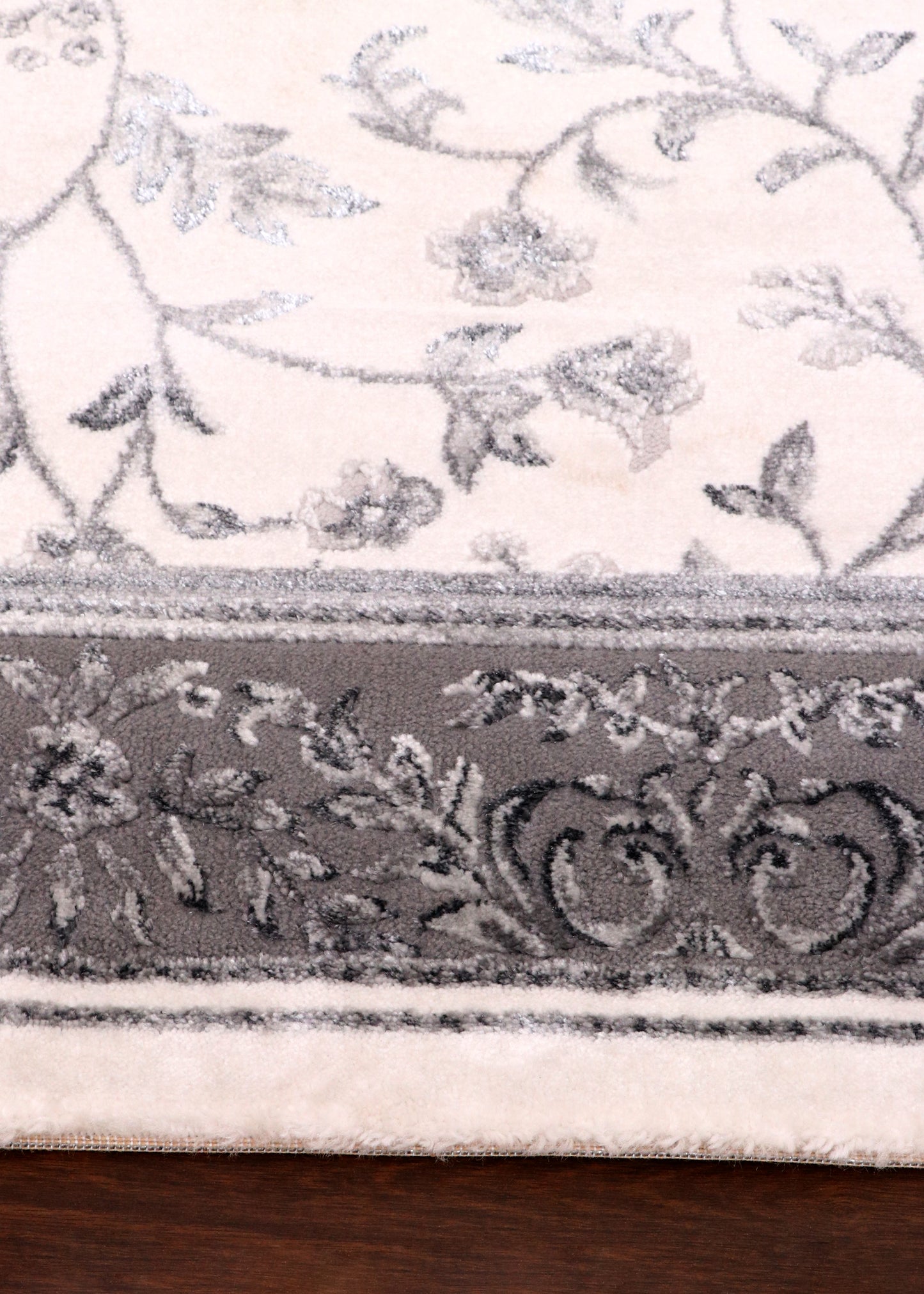 Elegant Turkish Floral Vine Rug – Ivory Base with Silver Grey Border