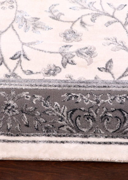 Elegant Turkish Floral Vine Rug – Ivory Base with Silver Grey Border