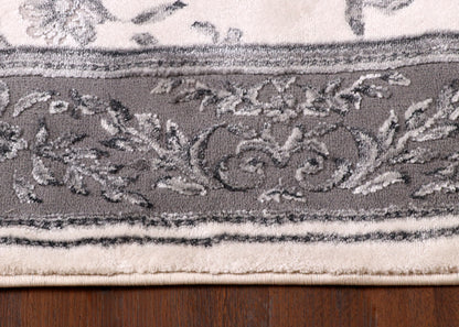 Elegant Turkish Floral Vine Rug – Ivory Base with Silver Grey Border