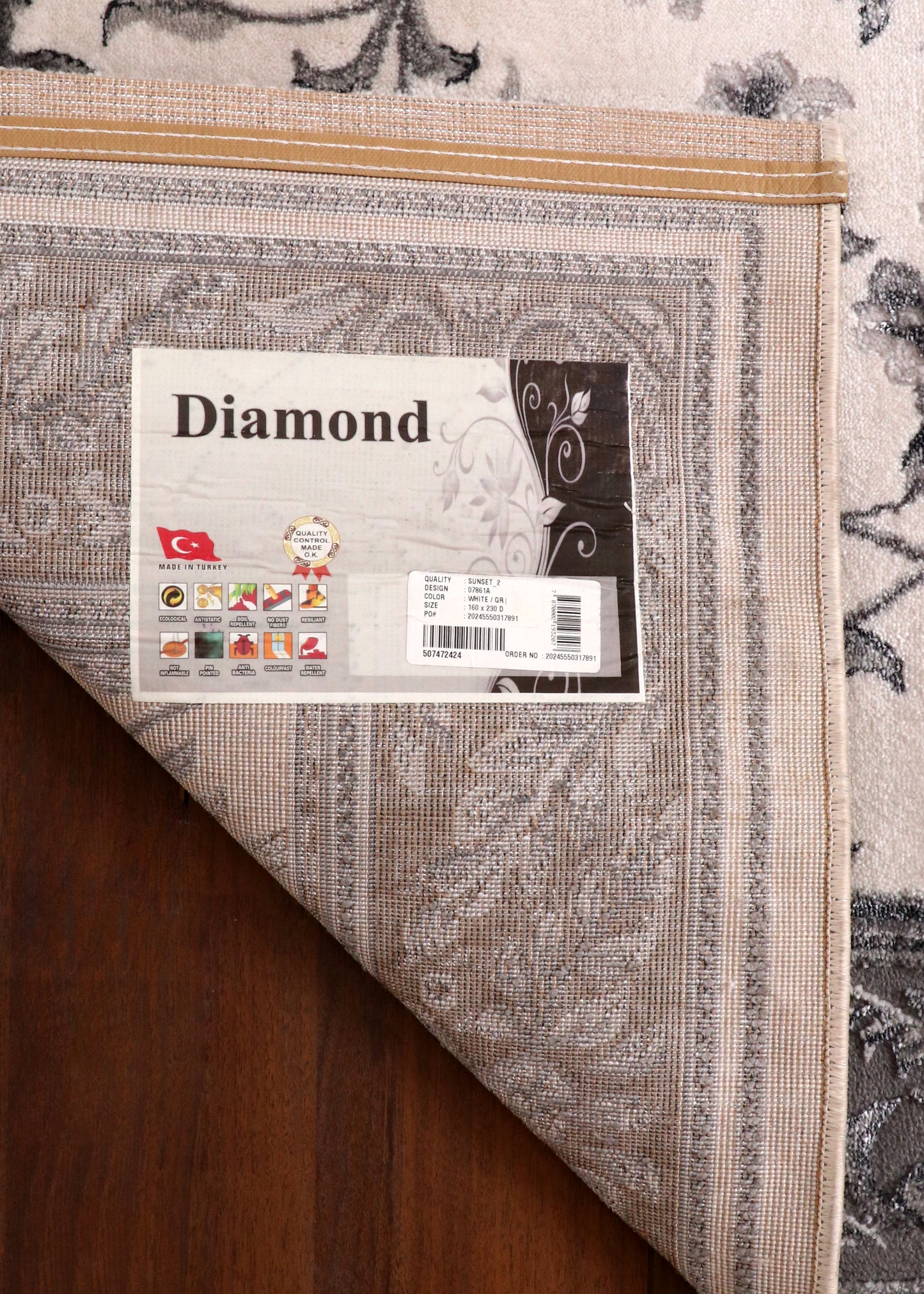 Elegant Turkish Floral Vine Rug – Ivory Base with Silver Grey Border