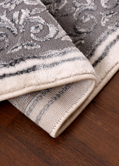 Elegant Turkish Floral Vine Rug – Ivory Base with Silver Grey Border