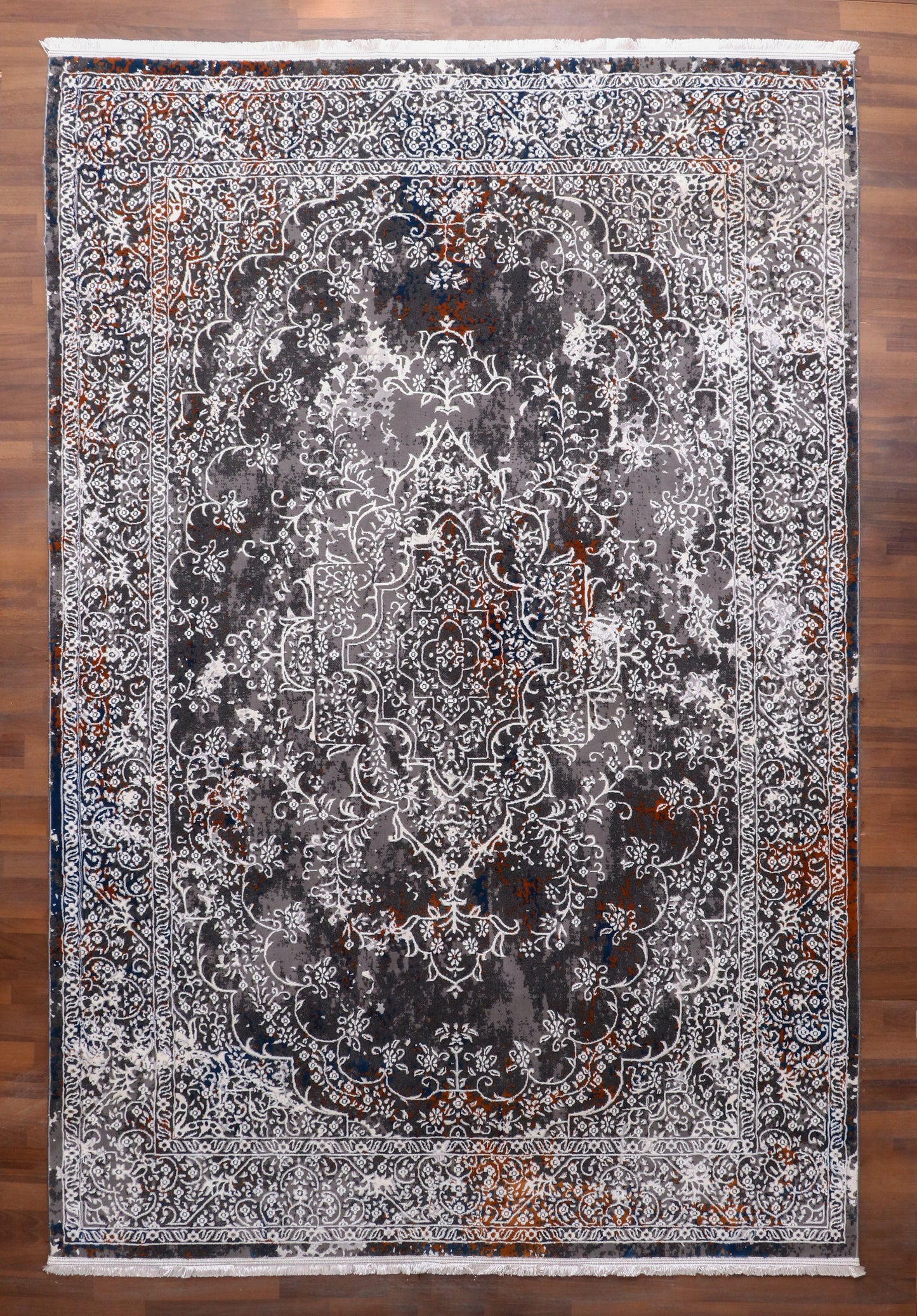 Luxury Turkish Distressed Medallion Rug – Charcoal Grey with Rust Accents