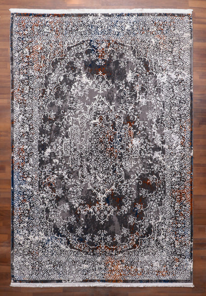Luxury Turkish Distressed Medallion Rug – Charcoal Grey with Rust Accents