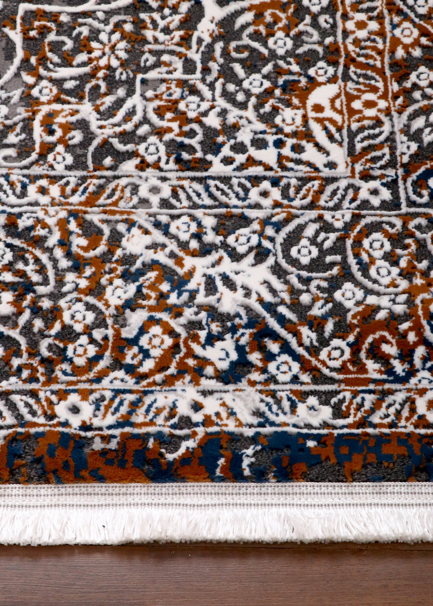 Luxury Turkish Distressed Medallion Rug – Charcoal Grey with Rust Accents