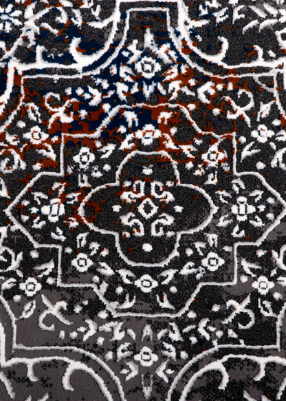 Luxury Turkish Distressed Medallion Rug – Charcoal Grey with Rust Accents