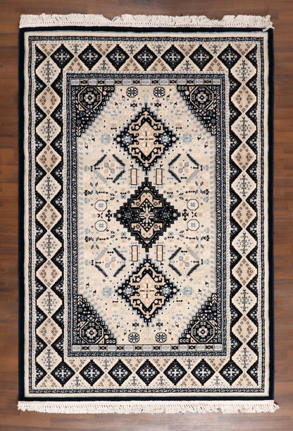 Traditional Turkish Tribal Rug – Black, Ivory & Beige Geometric Pattern