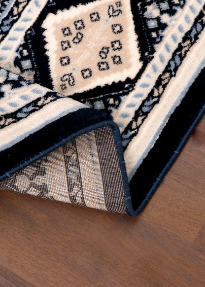 Traditional Turkish Tribal Rug – Black, Ivory & Beige Geometric Pattern