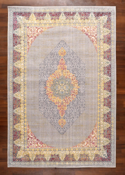 Luxury Turkish Palace Medallion Rug – Soft Grey with Gold & Blush Accents