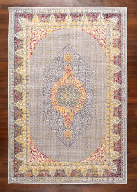 Luxury Turkish Palace Medallion Rug – Soft Grey with Gold & Blush Accents