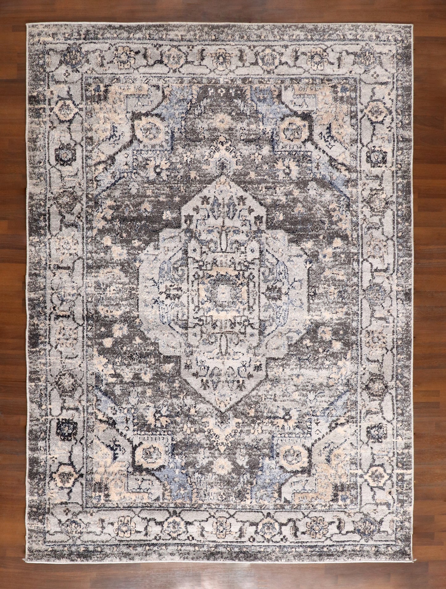 Antique-Style Turkish Medallion Rug – Stone Grey & Ivory Finish