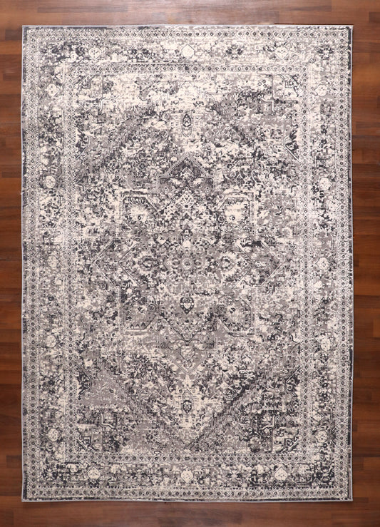 Vintage Turkish Medallion Rug – Distressed Grey Classic Design