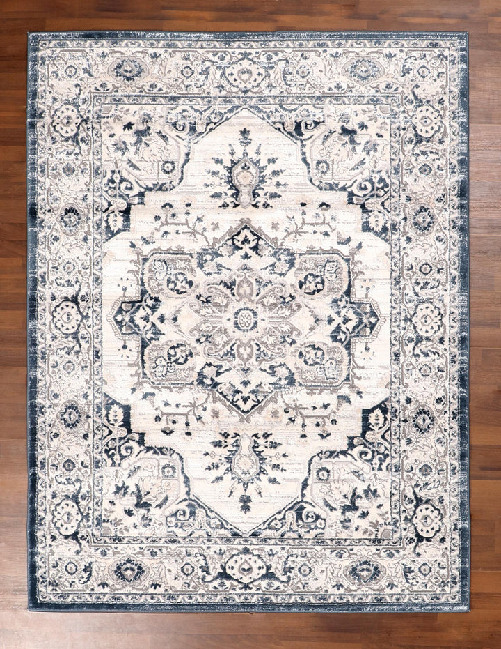 Elegant Ivory and Navy Medallion Rug