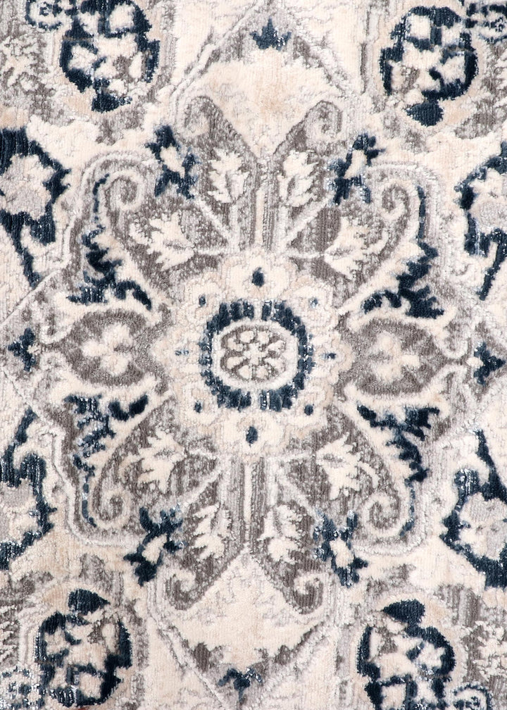 Elegant Ivory and Navy Medallion Rug