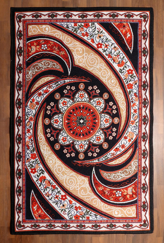 Floral Waves Beige & Red Pattern Rug - Felt Backing
